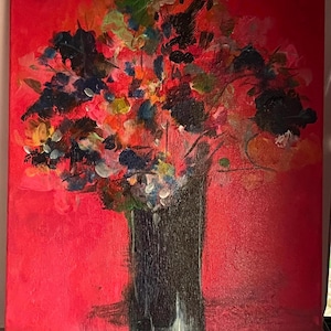 Original Acrylic Painting, Vase of Colorful Flowers on Red Background