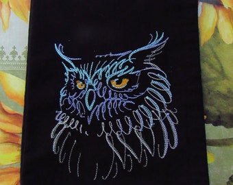 Embroidered Owl on Jet Black Flour Sack  Tea Towel |  Personalize With Family Name | Black Tea Towel |Stunning colors