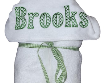 Personalized White Hooded Baby Bath Towel, Embroidered Name, Cotton Terry Cloth, Baby Shower Gift