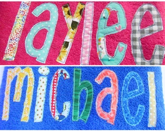 Personalized Fabric Letters Children's Velour Beach Towel, Kids Bath Towel, Quilted Applique Lettering, Gift for Kids, Velour Beach Towel