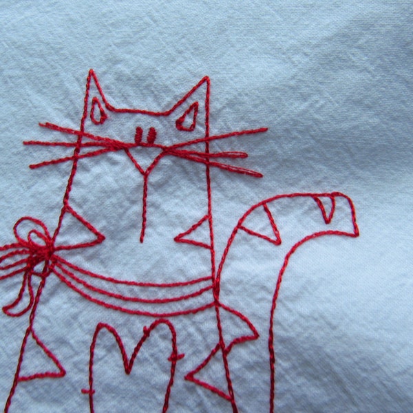 Embroidered Cat Patchwork Heart Flour Sack Towel, Personalized Dish Towel,  Primitive Redwork, Retro Vintage Look Tea Towel. Cat Lover Gift
