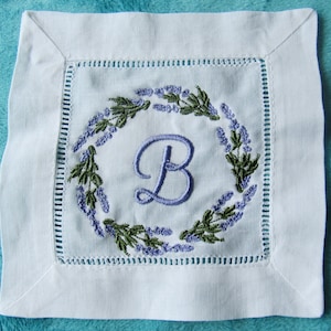 Personalized White Linen Lavender Sprig Cloth Cocktail Napkin |  Cloth Cocktail Napkins with Last or First Name Initial in Embroidered