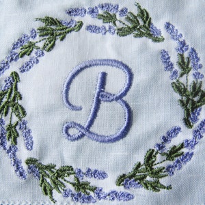 Personalized White Linen Lavender Sprig Cloth Cocktail Napkin Set |  Cloth Cocktail Napkins with Last or First Name Initial in Embroidered