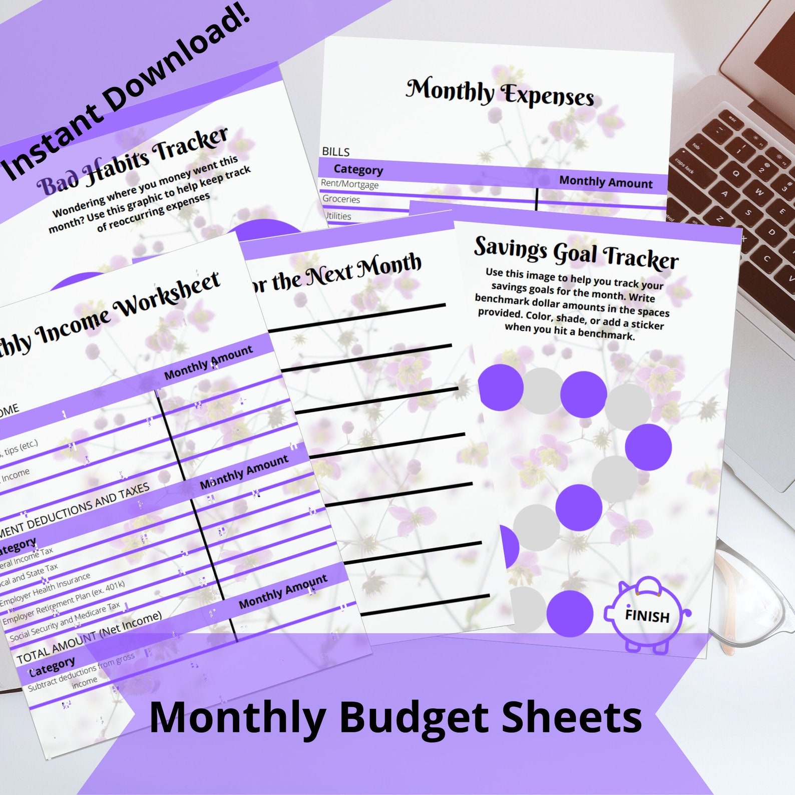 Monthly Budget SheetsPurple Printable Digital Download Etsy