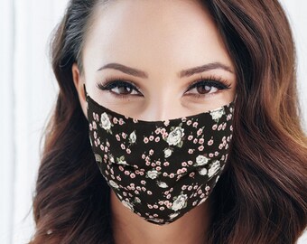 Masque tissu élégant classe, smart, chic, fleuri, printemps, été, couleur noire, liens élastiques réglables