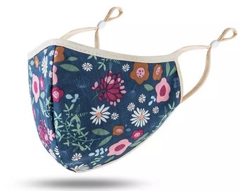 Masque tissu élégant fleuri liberty élégant, liens élastiques réglables, rubans confortables, idéal pour transport en commun