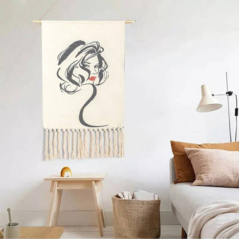 Tenture Tapisserie Murale Style Bohème Artiste Esquisse Dessin Femme Nordique Décoration Salon Chamb