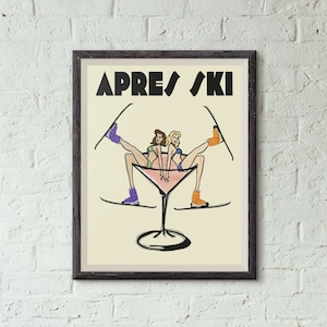 Aprés Ski Martini, Apres Skiing, Martini Wall Art, Ski Cabin, Winter Print, Martini, Drinking, Snow, Skiers, Print, Illustration