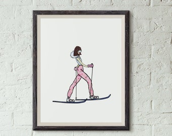 May include: A framed illustration of a person cross-country skiing. The person is wearing a white shirt, pink pants, and a pink ski mask. They are holding ski poles and are on skis.