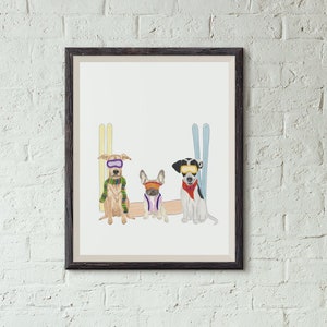 Pawder Day, Dog Ski Print, Cachorro, Esquiador, Apres, Arte de pared, Cabina, Snowboard, Invierno, Mascota, Montaña, Mujer, Nieve, Esquí, Imprimir, Ilustración