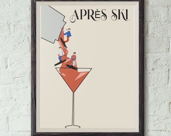 Aprés Ski Wall Art, Apres Skiing, Wall Art, Ski Cabin, Winter Print, Martini, Drinking, Snow, Skiers, Print, Illustration