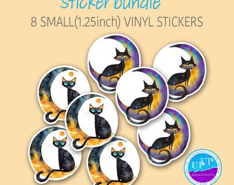 Paquete de mini pegatinas de gatos, 8 pegatinas de gatos negros para amantes de los gatos, ilustración única de gatos en la luna, pegatinas de vinilo, pegatina de ensueño de gato en la luna