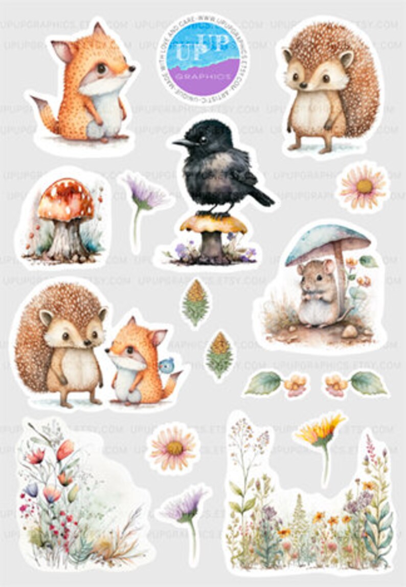 Puede incluir: Colecci&oacute;n de pegatinas de acuarela con criaturas del bosque y elementos florales. Las pegatinas incluyen un zorro, un erizo, un p&aacute;jaro, una seta y flores en tonos naranja, marr&oacute;n y verde.