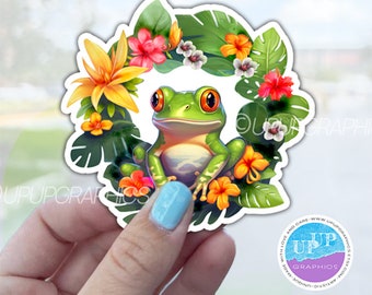 Bonita pegatina de rana, rana arbórea con corona floral para amantes de los animales, rana de la jungla, plantas tropicales, calcomanía de rana de acuarela.