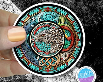 Pegatina de dragón, pegatinas de dragón místico, pegatina de dragones de fantasía gótica, pegatina de diario, nudos celtas y dragón feroz Calcomanía portátil
