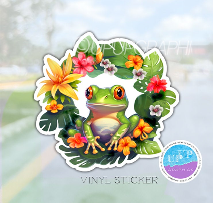 Cute Frog Sticker, Tree Frog With Floral Wreath Sticker for Animal ...