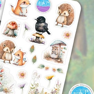 Puede incluir: Una hoja de pegatinas caprichosas con criaturas del bosque y elementos florales. Las pegatinas incluyen un zorro, un erizo, un p&aacute;jaro, una seta y un rat&oacute;n, todos en estilo acuarela. Las pegatinas est&aacute;n sobre un fondo blanco con un logotipo en la esquina.