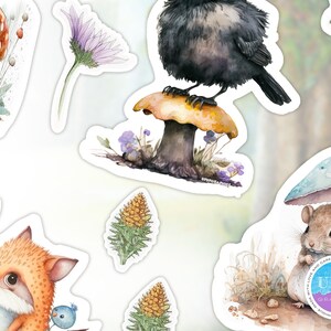 Puede incluir: Una colecci&oacute;n de pegatinas de acuarela con criaturas y elementos del bosque. Incluye un zorro, un rat&oacute;n, un cuervo, setas, flores y pi&ntilde;as. Las pegatinas tienen un borde blanco y est&aacute;n dise&ntilde;adas con colores suaves y un estilo caprichoso.