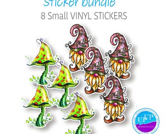 Paquete de mini pegatinas de gnomos y hongos: 4 pegatinas de gnomos, 4 pegatinas de vinilo de hongos, pegatinas de bosque mágico, pegatinas de pequeños elfos y hongos.