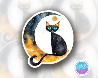 Pegatina de gato negro caprichoso, pegatinas de gato negro, pegatina de gato gótico en la luna, pegatina de vinilo de gato negro brujo de fantasía en luna naranja para portátil