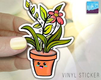 Linda planta kawaii con pegatina de flor, pegatina de maceta con cara linda, pegatina de hojas dibujadas a mano,