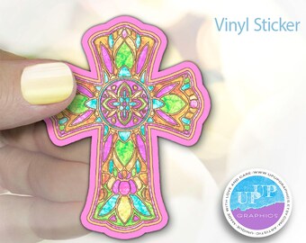 Pegatina de cruz rosa, cruz católica, pegatinas de fe cristiana, pegatina de crucifijo para estudios bíblicos, pegatina de cruz en colores pastel.