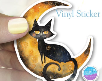 pegatina mágica de gato negro, pegatinas de gato mágico negro, pegatina de gato gótico en la luna, gato brujo negro de fantasía en pegatina de vinilo de luna naranja Laptop