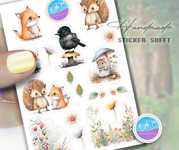 Woodland animals sticker sheet,crow,hedgehog,fox,mouse,wildflowers planner stickers on matte sticker paper for journals and scrapbooks,