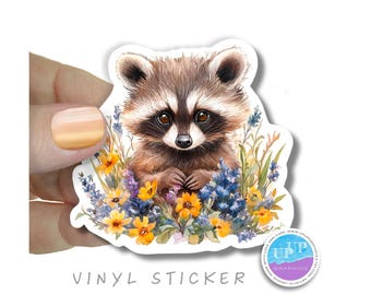 Bonita pegatina de mapache, pegatina de vinilo de mapache bebé con flores silvestres, pegatina de mapache con ilustración de acuarela y flores silvestres.