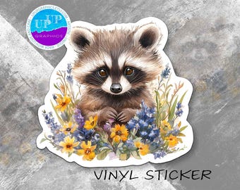 Pegatinas de mapache, pegatinas de mapache bebé para amantes de los animales, pegatinas de vinilo, pegatinas de acuarela, lindo mapache y flores silvestres.