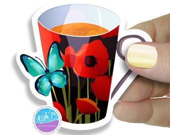 Pegatinas para tazas de café, pegatinas para tazas de té con mariposas y amapolas, pegatinas artísticas de acuarela, pegatinas artísticas únicas.