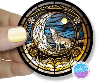 Pegatina de lobo, pegatina de lobo aullando y luna, pegatinas de vinilo redondas, pegatinas de lobos góticos, pegatina de diario, calcomanía de portátil de lobos de fantasía