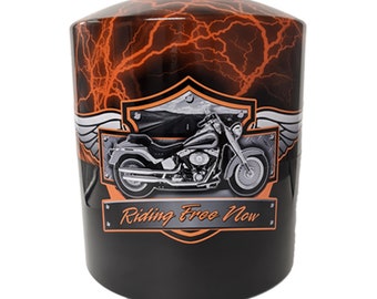 Motorcycle Riding Free Patented Lightning Theme, One-of-a-Kind, Hydro-graphic Print Cremation Urn / Vault Combination