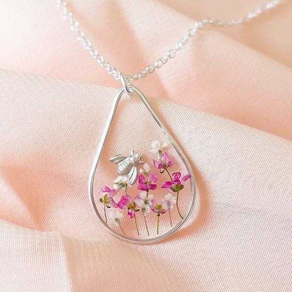 Sterling Silver Bee Necklace For Women, Handmade Pink Flower Teardrop Necklace, Pink Real Flower Jewellery Bridesmaid favour gift for her