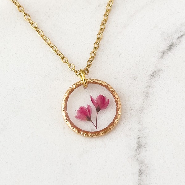 Japanese Blossom Flower Necklace, Real Pink Flower Jewellery For Women, Small Gold Round Necklace Gifts For Her, Bridesmaid Necklace Gifts