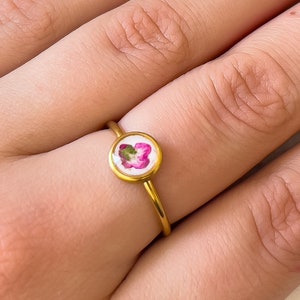 Real Alyssum Flower Ring, Gold Adjustable Ring for Women, Stainless Steel Ring Gift For Her, Real Flower Jewellery Birthday Gift image 1