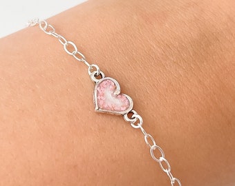 Pink heart bracelet, real flower bracelet, bridesmaid bracelet, love heart bracelet, women's bracelet, minimalist bracelet, simple jewellery