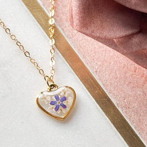 Gold Forget Me Not Heart Necklace For Women, Blue Flower jewellery Gift For Her, Remembrance Keepsake Pendant Special Gift for Birthday