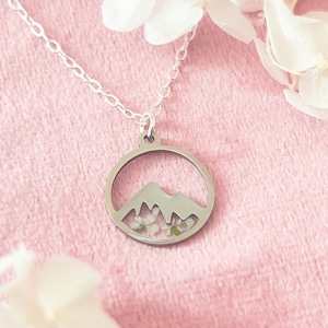 Silver Mountain Necklace With White Flower Petals, Travel Necklace For Women, Mountain Jewellery For Going Away Gift For Her