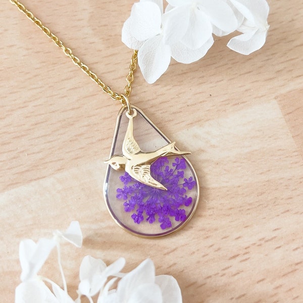 Collier oiseau en or pour femme, collier oiseau volant en plaqué or, collier en forme de larme avec fleurs violettes, cadeau d'anniversaire bijoux oiseau pour elle