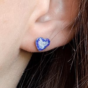 Blue Opal Heart Stud Earrings, Handmade Resin Simple Earrings, Crushed Opal Jewellery Gift For Women