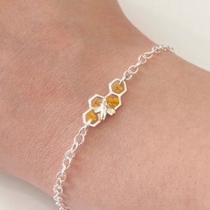 Sterling silver bee bracelet with yellow flowers, honeycomb bumble bee bracelet for women with angelite charm, birthday gifts for her