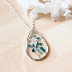 Silver Bird Necklace with Blue Flowers, Sterling Silver Teardrop Pendant with Real Flowers for Women, Something Blue Bridal Gift for Her image 1