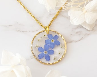 Gold Forget Me Not Necklace For Women, Blue Flower jewellery Gift For Her, Remembrance Keepsake Pendant Special Gift for Birthday