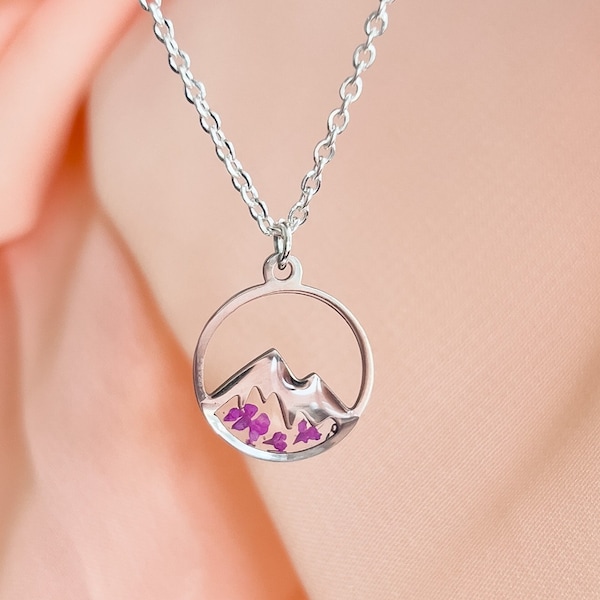 Sterling silver mountain necklace for women, pink flower mountain necklace, travellers mountain necklace, adventure wanderlust necklace
