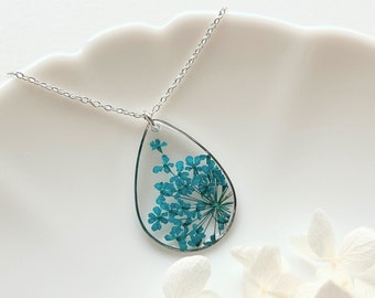 Blue Flower Teardrop Necklace For Women Handmade With Resin and Real Flowers, Bridesmaid Gift For Her, Silver and Blue Necklace