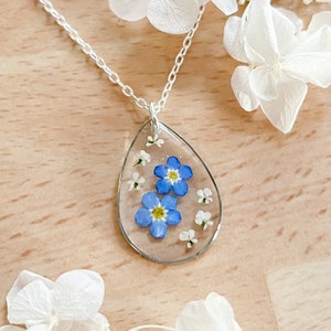 Teardrop Forget Me Not Necklace For Women, Real Blue Flower Handmade Necklace Gift For Her, Bridesmaid Favour Gifts For Her, Memorial Gifts