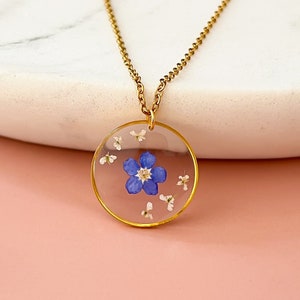 Forget-Me-Not Single Real Flower Necklace For Women, Gold Forget-Me-Not Necklace Gift For Her, Bridesmaid Wedding Gifts, Something Blue image 1