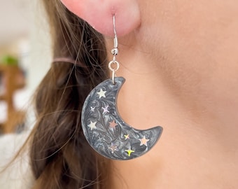 Grey Moon Earrings For Women, Resin Star Moon Dangles Earrings For Her, Statement Moon Earrings with silver stars, Black earrings