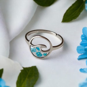 Stainless Steel Blue Wave Ring For Women, Adjustable Silver Ocean Ring For Her